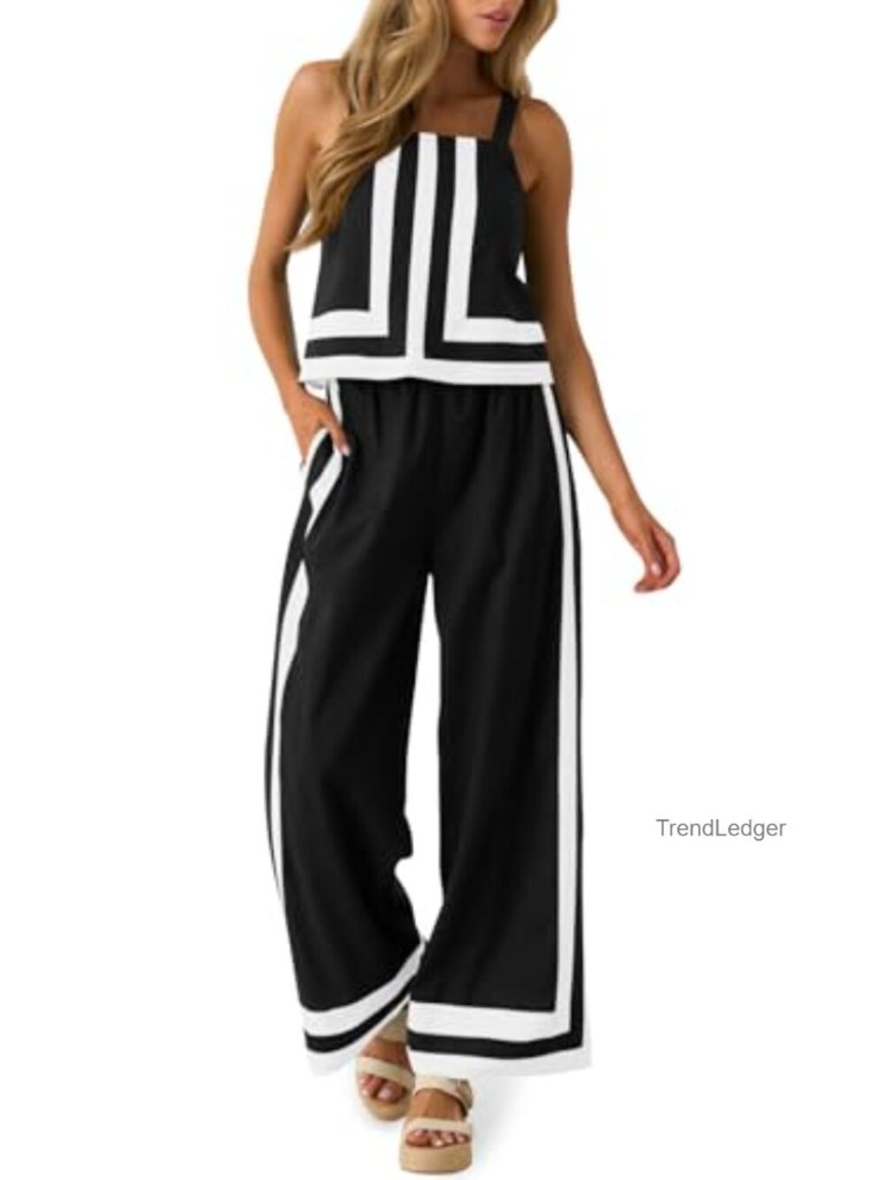 2 Piece Lounge Set Cami Top Wide Leg Pants Vacation Outfit
